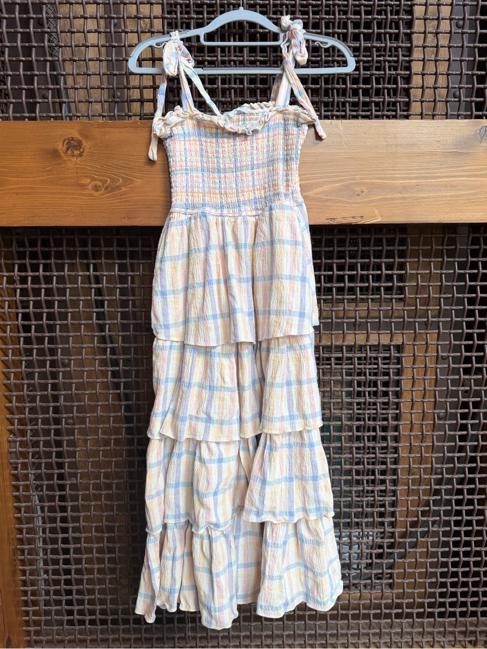 STORIA Pastel Plaid Smocked Tiered Maxi Dress Size Small